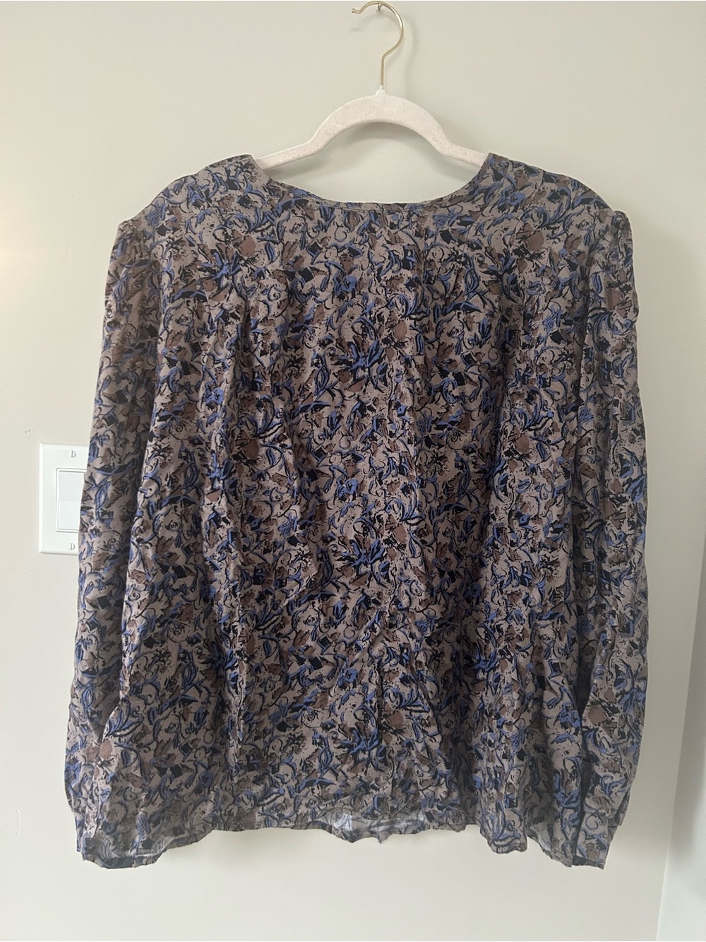 Vintage Liz Moody Floral Print Long Sleeve Blouse - Taupe and Blue